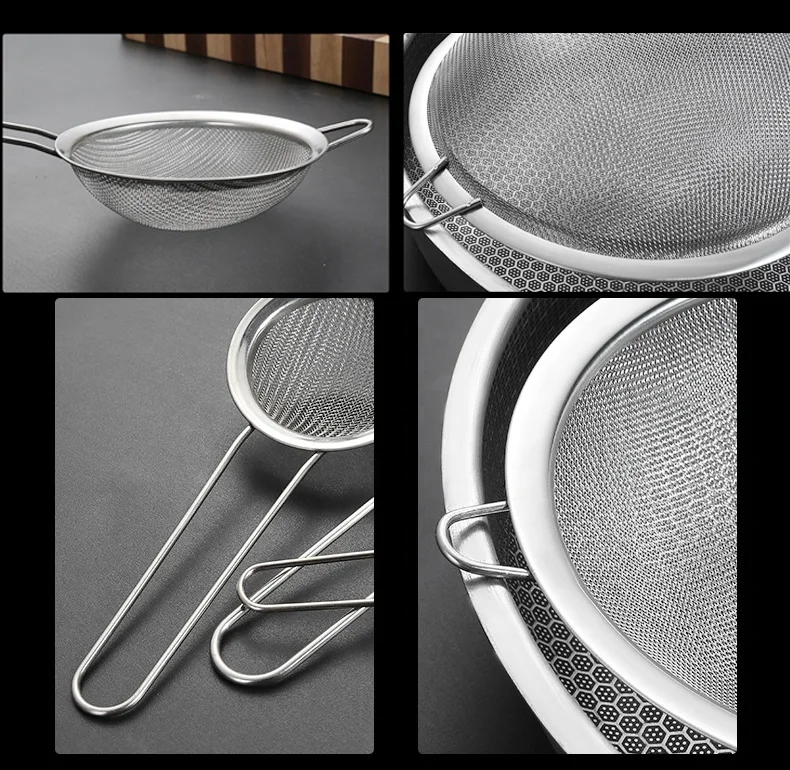 Food Grade Stainless Steel Mesh Strainer/Set of 3 Kitchen Sieves/Strainer Wire Mesh Basket Strainer Colander Silicone Handle