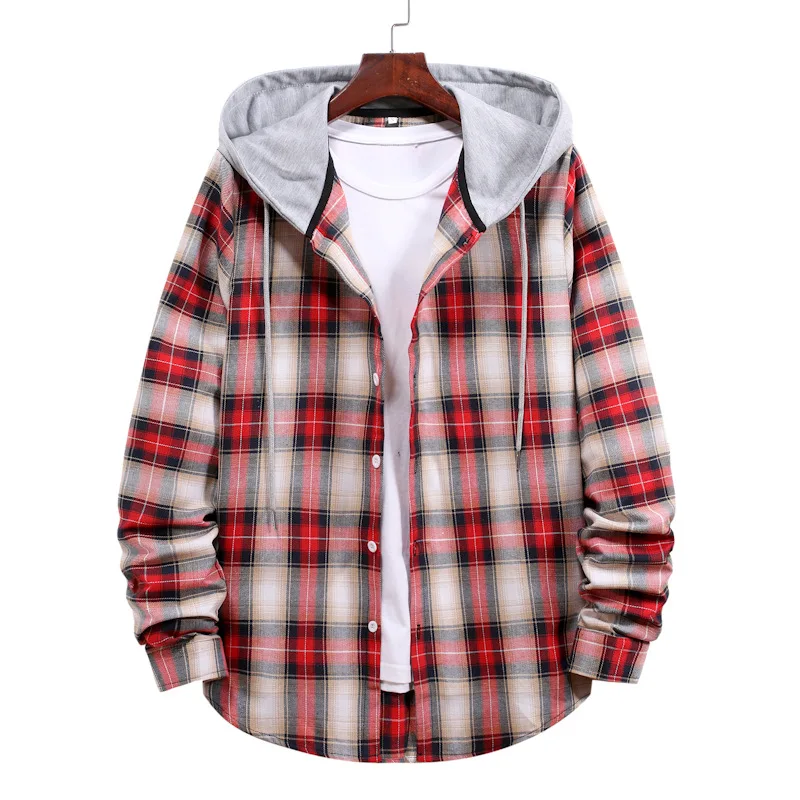 New Arrival Cotton Long Sleeve Men Flannel Plaid Shirt With Hood