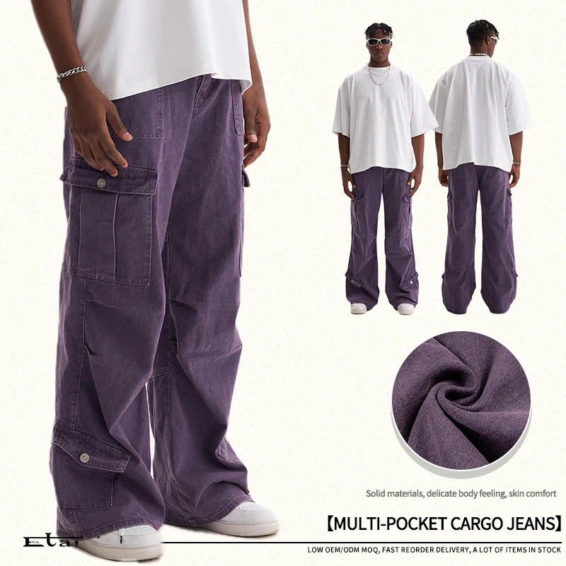 popular relaxed fit multi-pocket cargo jeans casual versatile baggy pants custom brands logo mens jeans