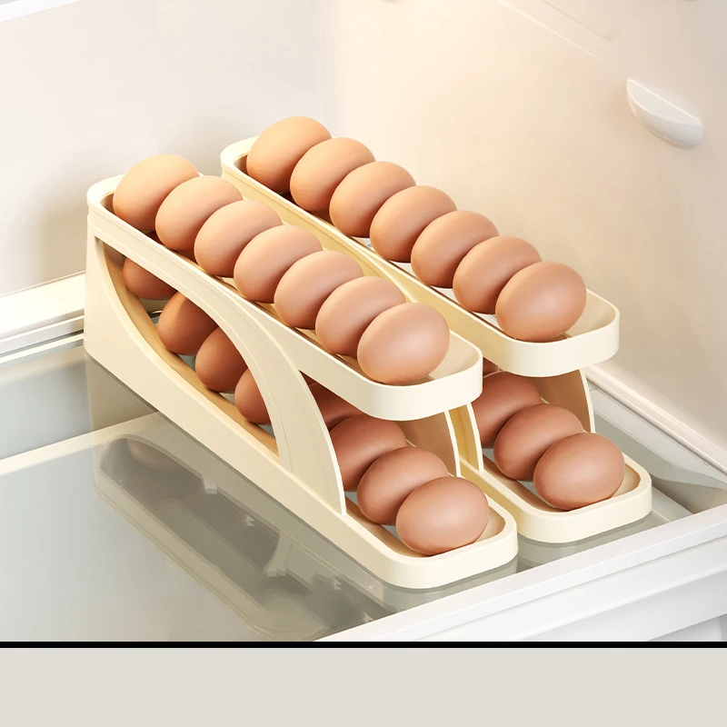 New Arrival 2 Tier Kitchen Automatic Rolling Egg Food Grade Multi-layer Egg Carton Plastic Kitchen Refrigerator Storage Box
