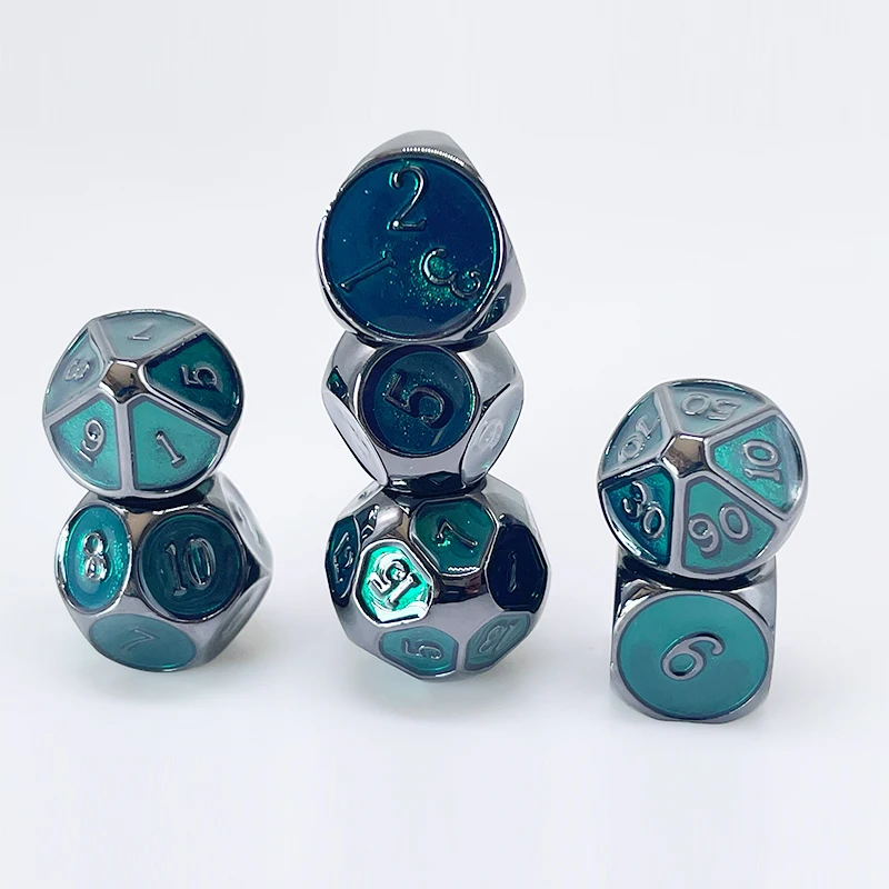 Wholesale Transparent Green Enamel D4 D6 D8 D10 D12 D20 Metal Dice for Tabletop Role Playing Game