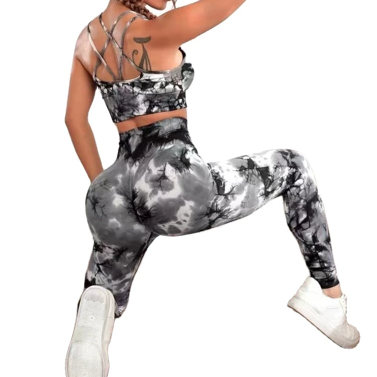 Womens Tie-Dye Yoga Outfits 2 Piece Set High Waist Leggings and Strappy Crisscross Sports Bra Gym Fitness Sets
