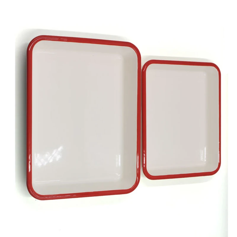 Wholesale durable rectangular flat bottom white steel enamel metal serving tray dishes plates