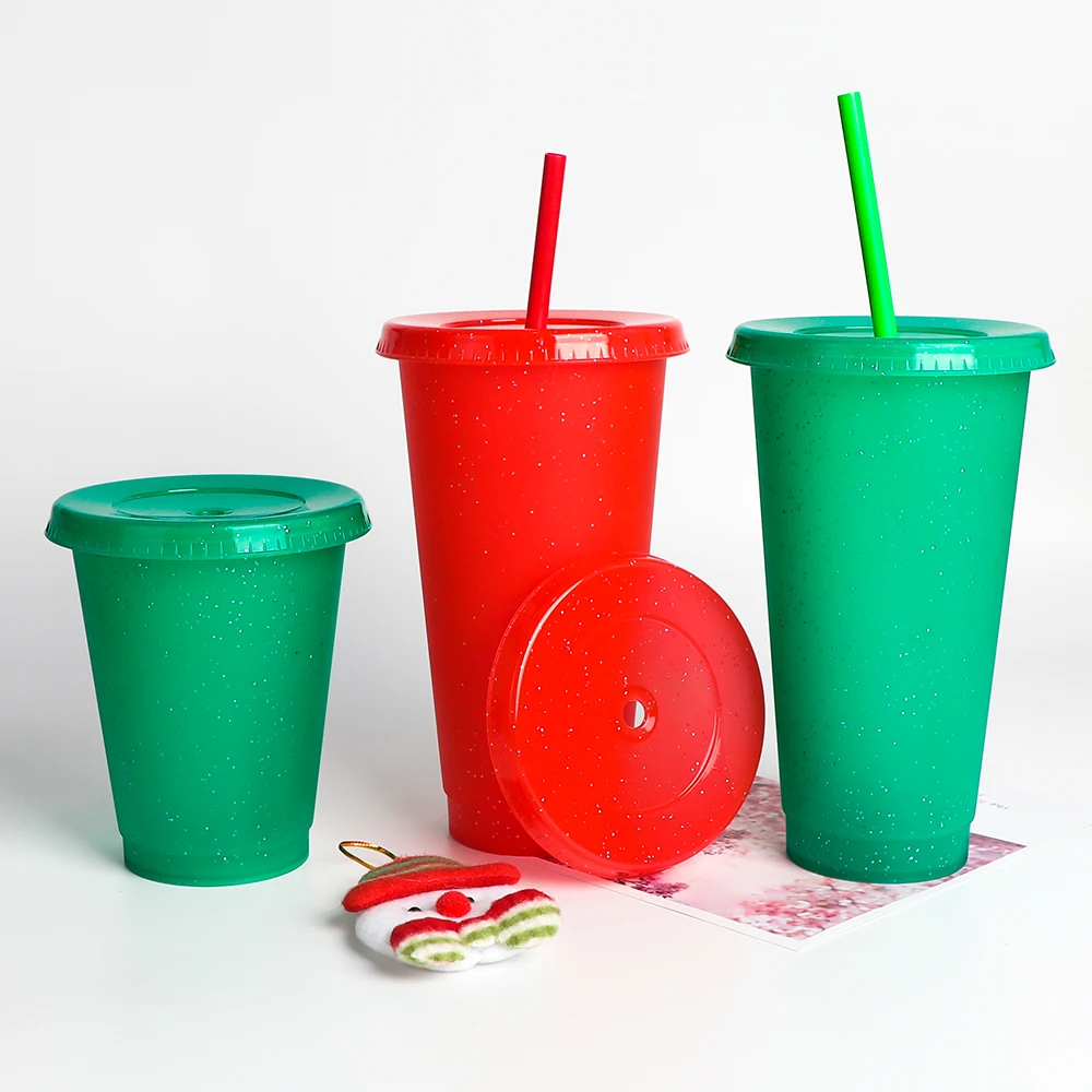  Горячая Распродажа упаковка 5 24 унций 710 мл пластиковые чашки для сока Sippy многоразовые мерцающие холодные с крышками и