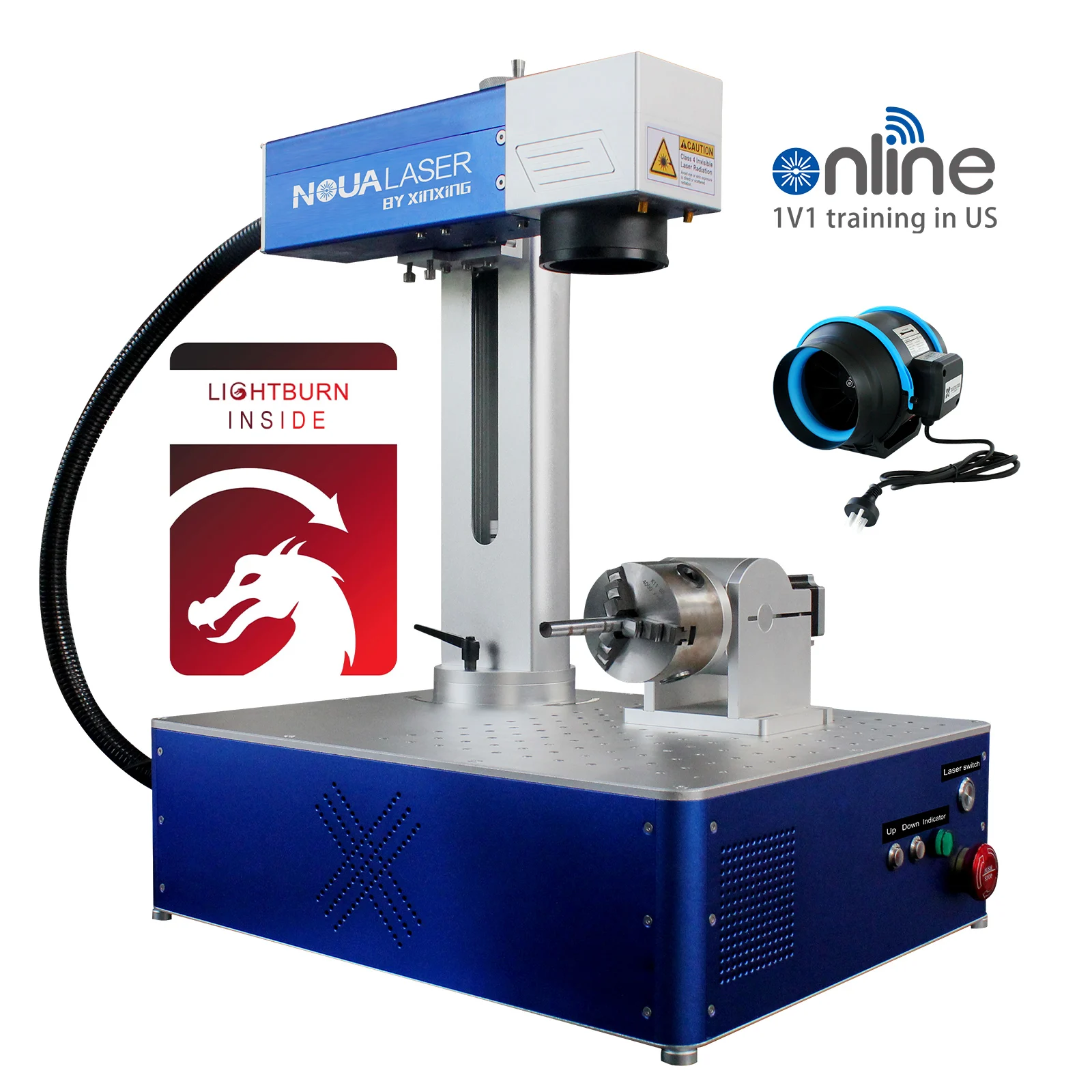 20w 30w 50w 60w 80w 100w Fiber Laser Marking Machine Electric UP DOWN,LightBurn Rotary Axis,6in Inline fans,OD7+ glasses