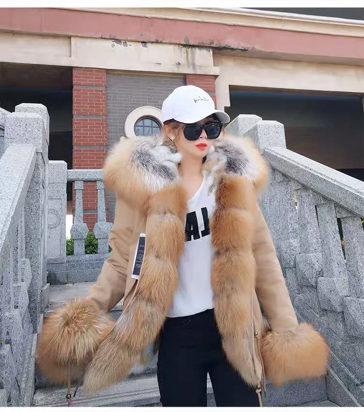 Fashionable Fox Fur Parka Woman Rabbit Fur Liner Winter Warm Real Fur Hood Parka