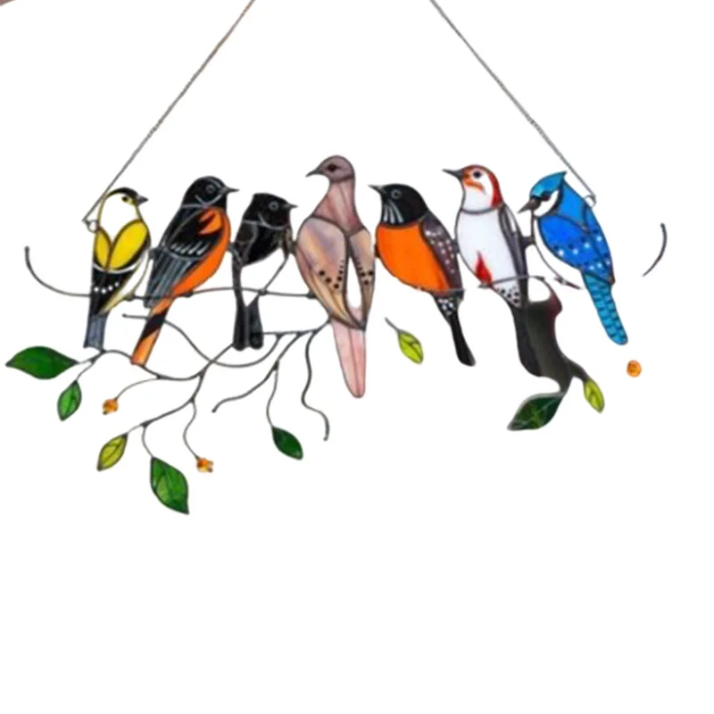 Stained Birds On Branch Desktop Ornaments Double Sided Metal Flatness Table Art Home Room Decoration Suitable
