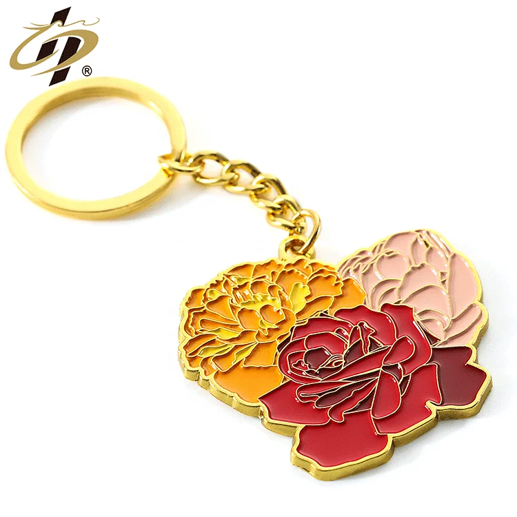 New selected factory quality gold plated soft enamel keyring custom cute flower metal keychains with logo