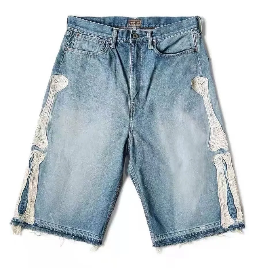 Custom men denim shorts with patch vintage washed blue jean shorts Y2K jeans with embroidery leather patch