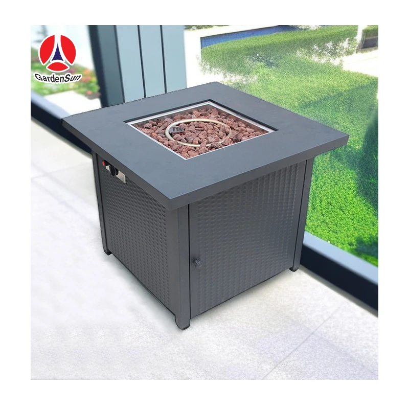 Gardensun Chinese Factory Direct propane or butane gas black stainless steel metal outdoor fire pit with glass rocks table//