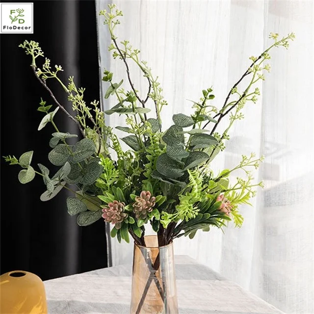 Wholesale Hot Sale Artificial Herbal Leaves Stem Branch Plastic Leaves Green Foliage For Flower Arranging Frosted
