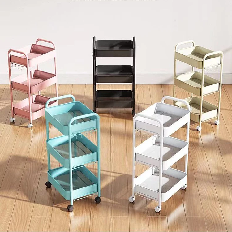 New household carbon steel three storey kitchen storage rack trolley cart organizer  foldable kitchen trolley with wheels