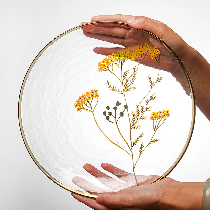 wholesale flower 12 inch round glass plate floral fruits microwave oven glass plate
