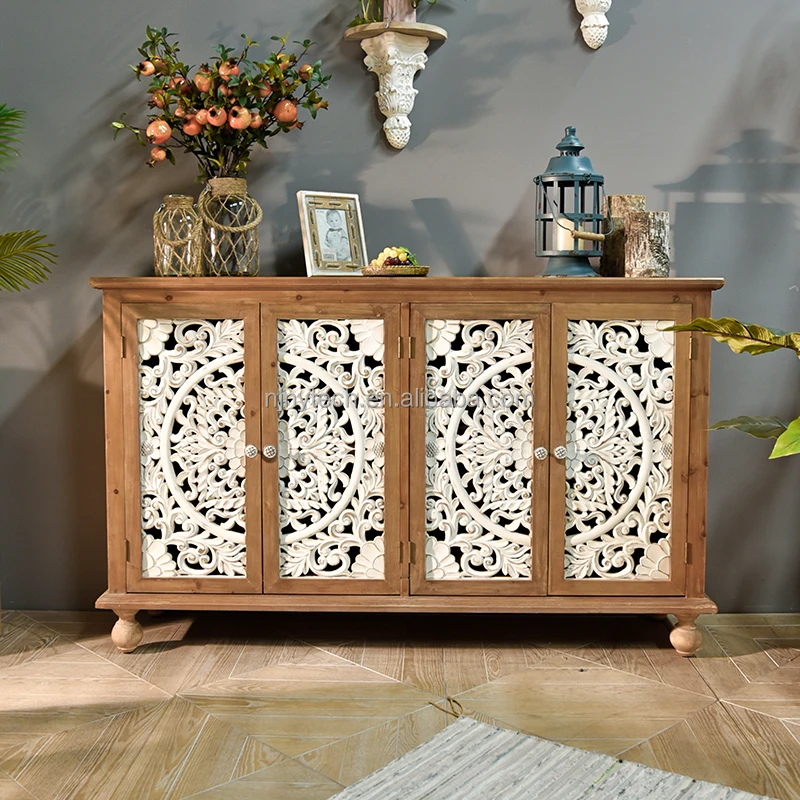 Solid Wood Cabinet Natural Pastoral Farmhouse Storage Sideboards Rustic Carved Decor Home Furniture Living Room Side Cabinets