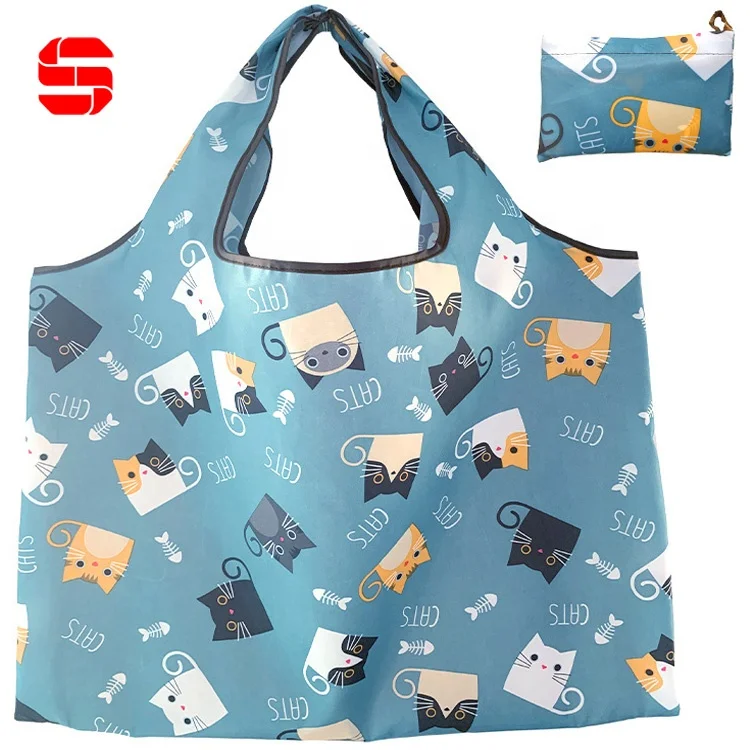 Custom Tote Bags Promotion Sublimation Printed Eco Nylon Recycled Foldable Reusable Grocery Polyester Shopping Bag with logos