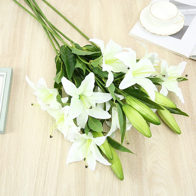 Lily Faux Flower Silk Lily Faux Plastic Pu 3 Heads Real Touch Floral Bouquet Party Table Centerpiece Silk Faux Lily