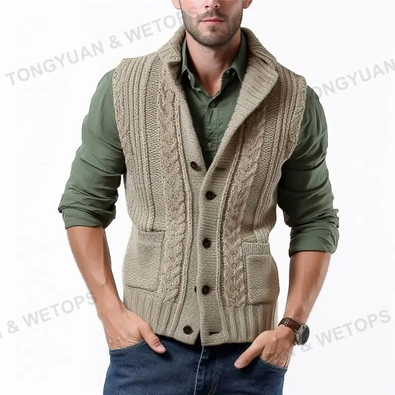 Custom Clothing Manufacturers Casual Stand Collar Thick Knit Sleeveless Cardigan Men Sweater Vests