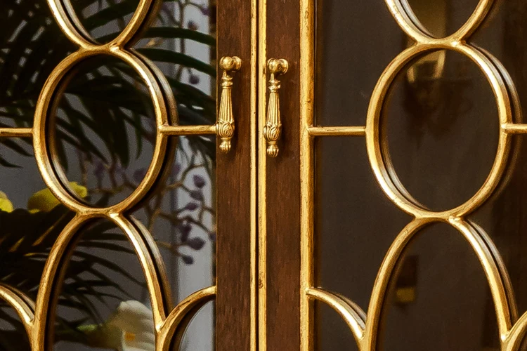 Bookcase Retro Brown Color Bookshelf Copper Book Cabinet with Two Led Lights Decorative Furniture Wooden and Brass with Glass