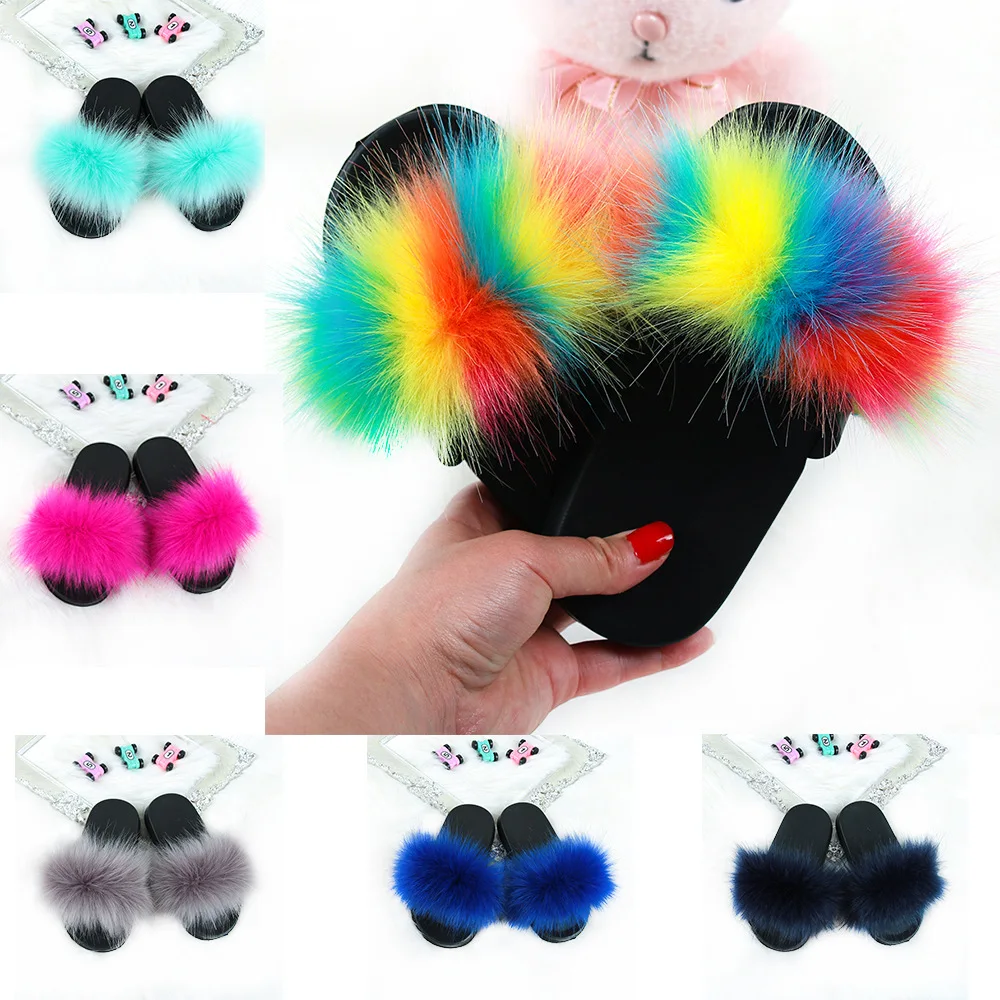  New popular style children fox fur slipper wholesale kids baby slides flops