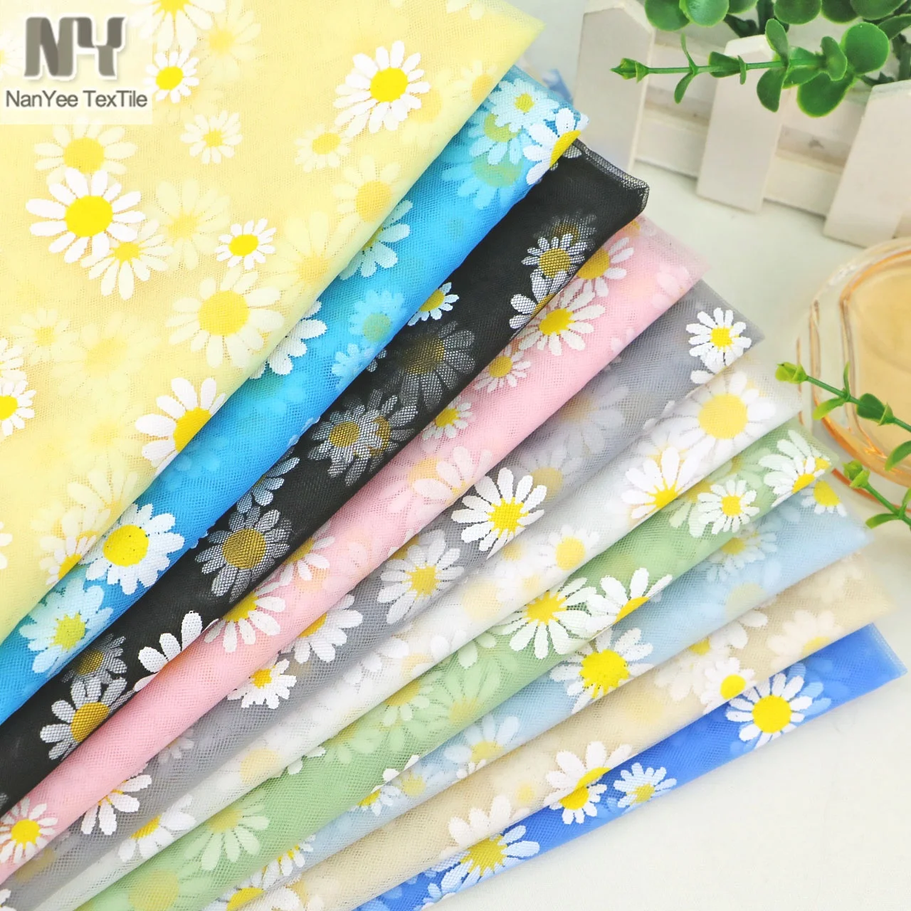 Nanyee Textile New SS Offeset Printed Little Daisy Tulle Fabric In Stock