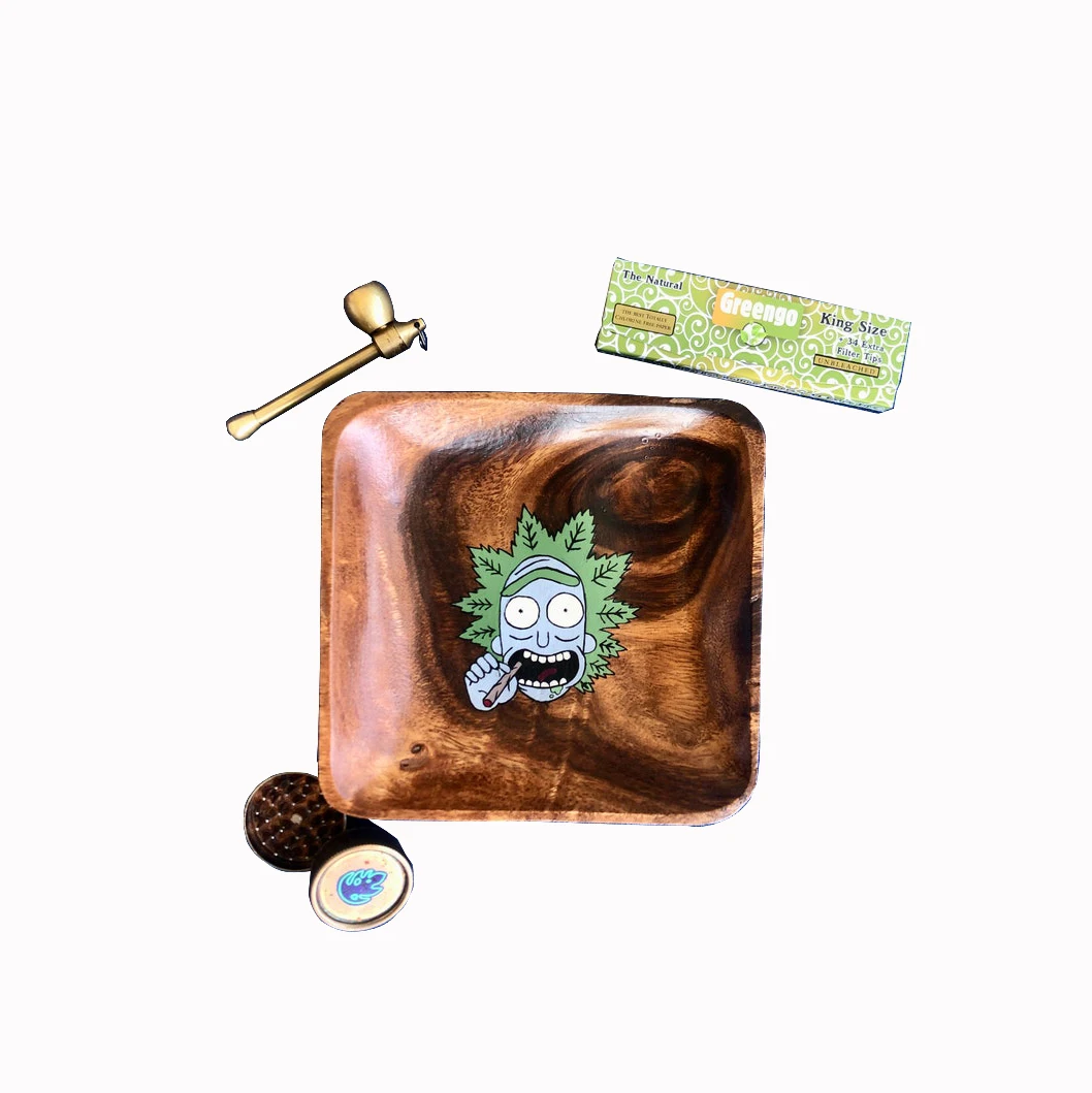 Wholesale Factory  OEM Promotional Gift Customized Wood Rick and Morty Colorful Smoke Rolling Tray Set for Home