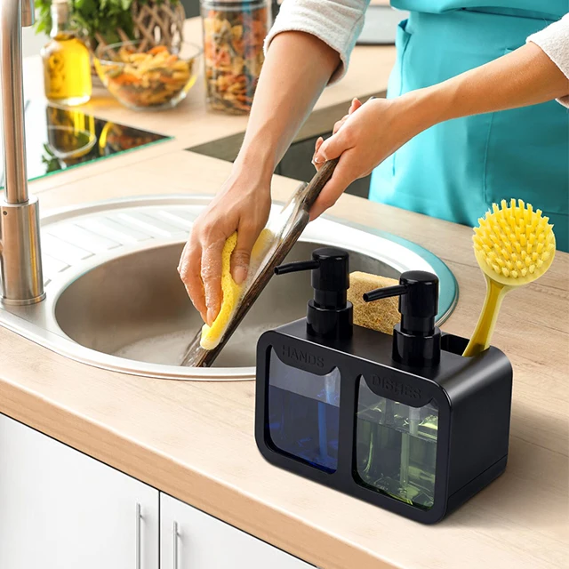 Wholesale price new design plastic soap liquid manual dish and hand soap dispenser with storage holder