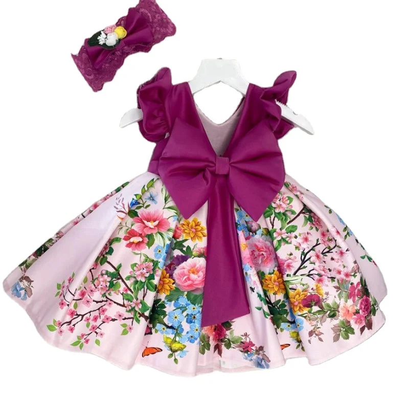Wedding Party Evening Princess Dress Girls Skirt Bow Girl Print V Back Festive Dress Christmas Girl Baby Dress withTiara