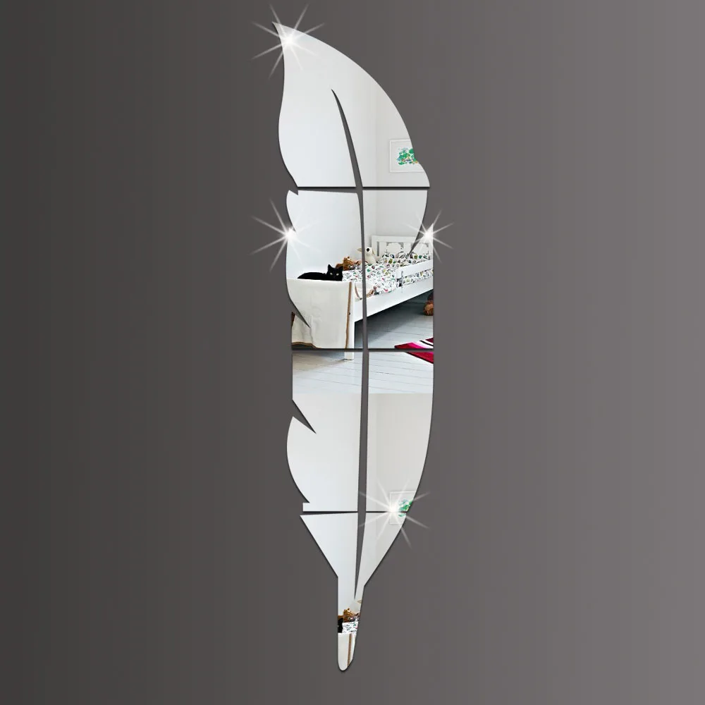 HOT 3D Feather Mirror Wall Sticker Room Decal Mural Art DIY Home Decor Decorative Mirrors