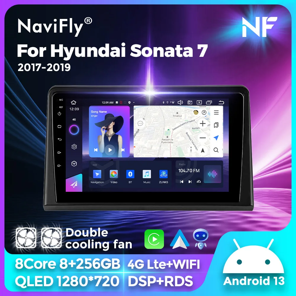 NaviFly NF Android 13 1280*720p Qled screen car navigation for Hyundai Sonata 7 2017-2019 Support rear camera dvr DAB+