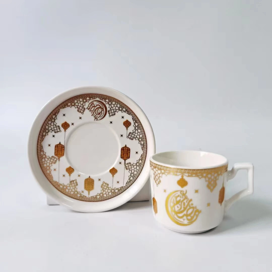 Ramadan Luxury Gift Set QIANHU Brand 110ml Porcelain Enamel 12PCS Turkish Arabic Espresso Coffee and Tea Cup Saucer with Gold Ri