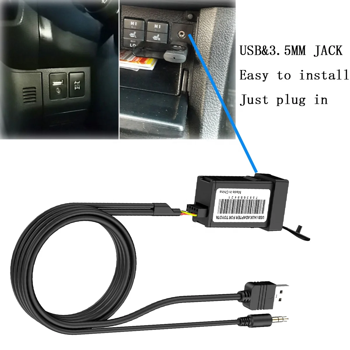 CHELINK 1.5M Flush Mount Cable Car Charger 3.5mm USB AUX Extension Cable Charging Socket with Cover for Toyota