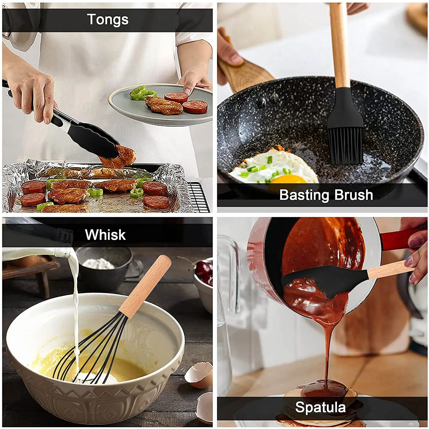 Amazon Top Seller 12Pcs Kitchen Gadgets Non Stick Silicone Spatula Turner Kitchen Utensils Set with Wooden Handle