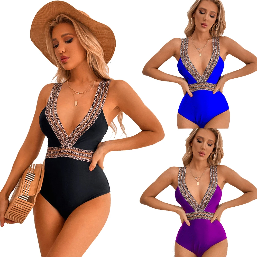Women Sexy Deep V Neck Beach Wear Swimsuit Leopard Print Mesh Transparent Summer OEM Customized Bikini Set