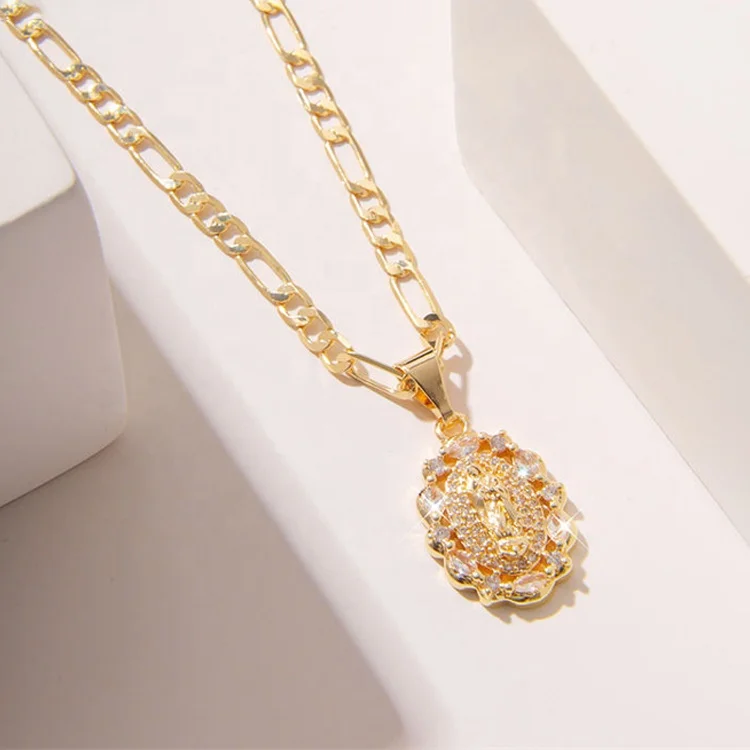 New Products Fashion Jewelry 14K Gold Plated Virgin Mary Saint Pendant CZ Zirconia Stone Religious Pendants Necklace
