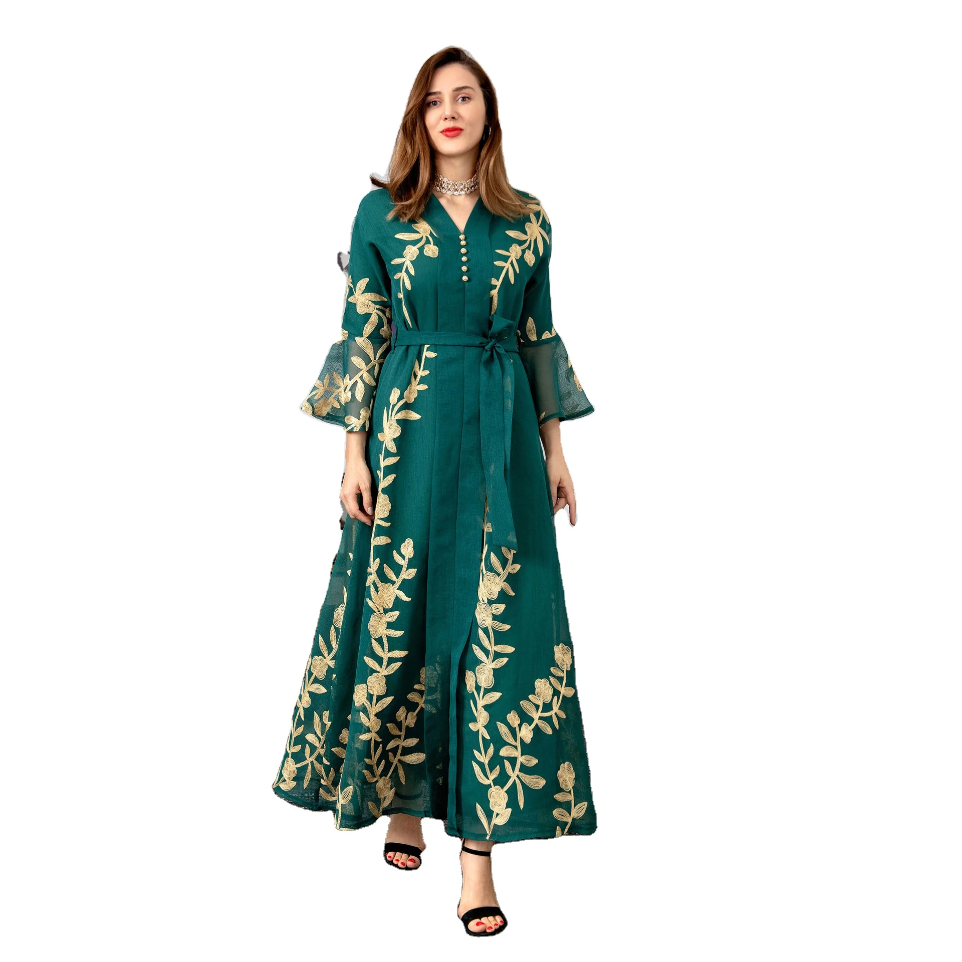2023 plain color green pink  Embroidery flower front half lace cuff with belt  dubai elegant abaya women muslim dress