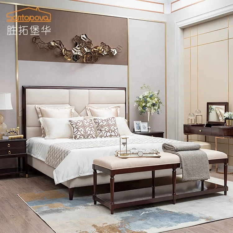 Оптовая продажа Новый американский стиль роскошный деревянный каркас двуспальная кровать дизайн удобная кровать