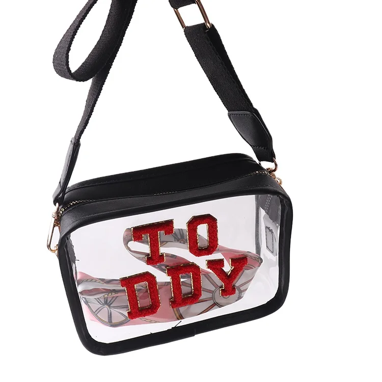 Wholesale clear pvc cylinder stadium crossbody bag monogram stadium approved clear purse with small chenille letters patches DIY