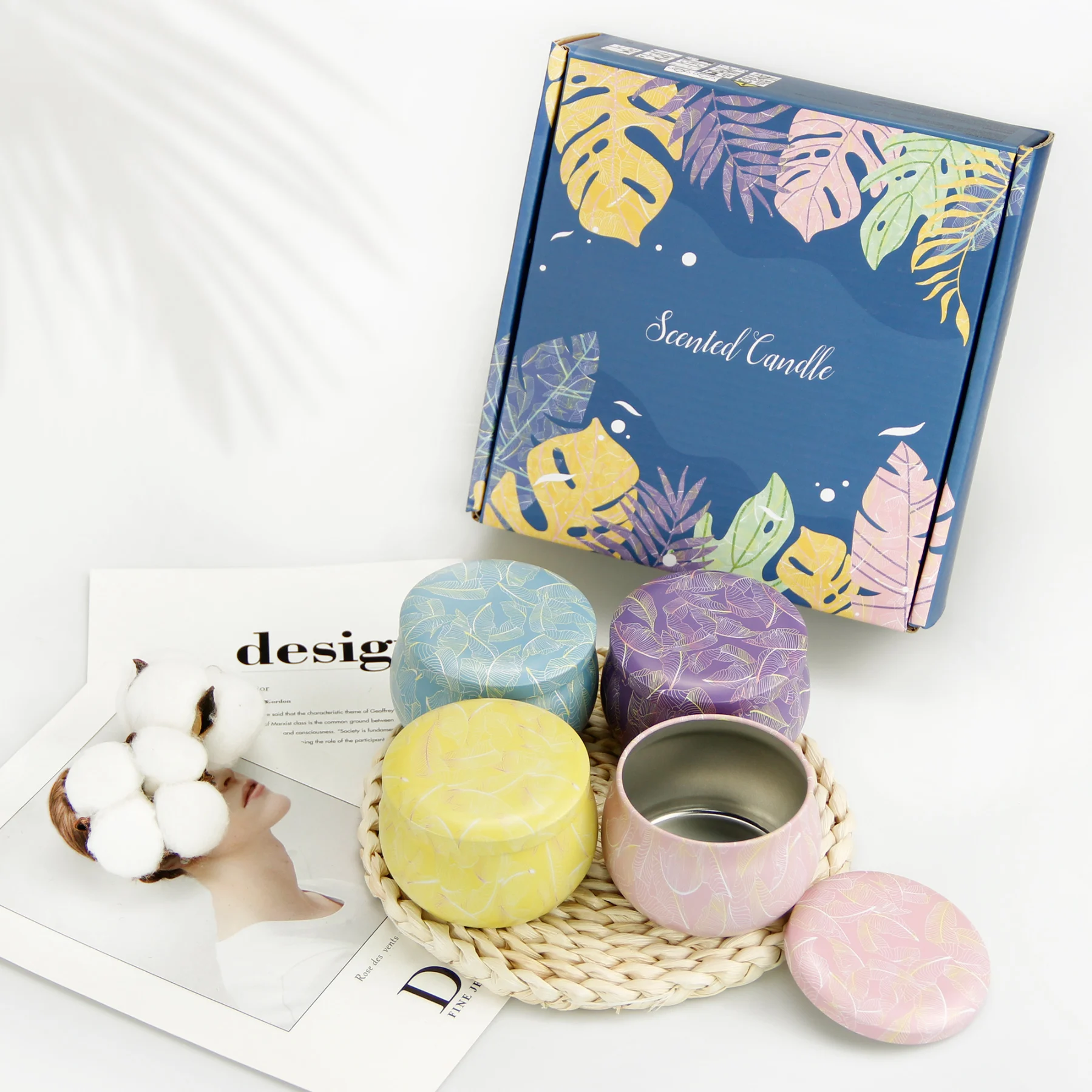 Wholesale online! 4 things. set, candles, tea, candy, metal tins with printed packaging paper box
