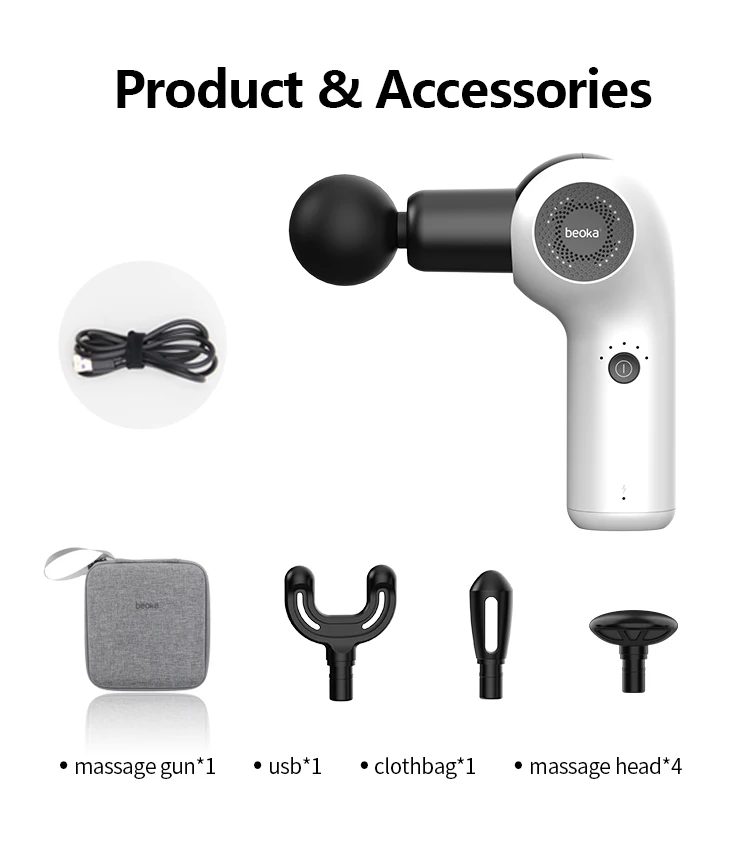 Beoka wholesale electric professional portable impulse body fascia muscle heated massage gun 4 heads muscle quiet massager gun