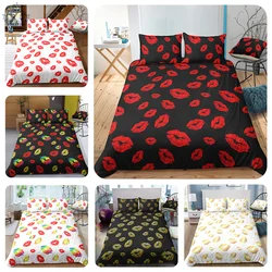 Duvet Cover Full Size, Romantic Couples Red Lips Kiss Printed Quilt Cover Set, for Valentines Day Wedding Decorations