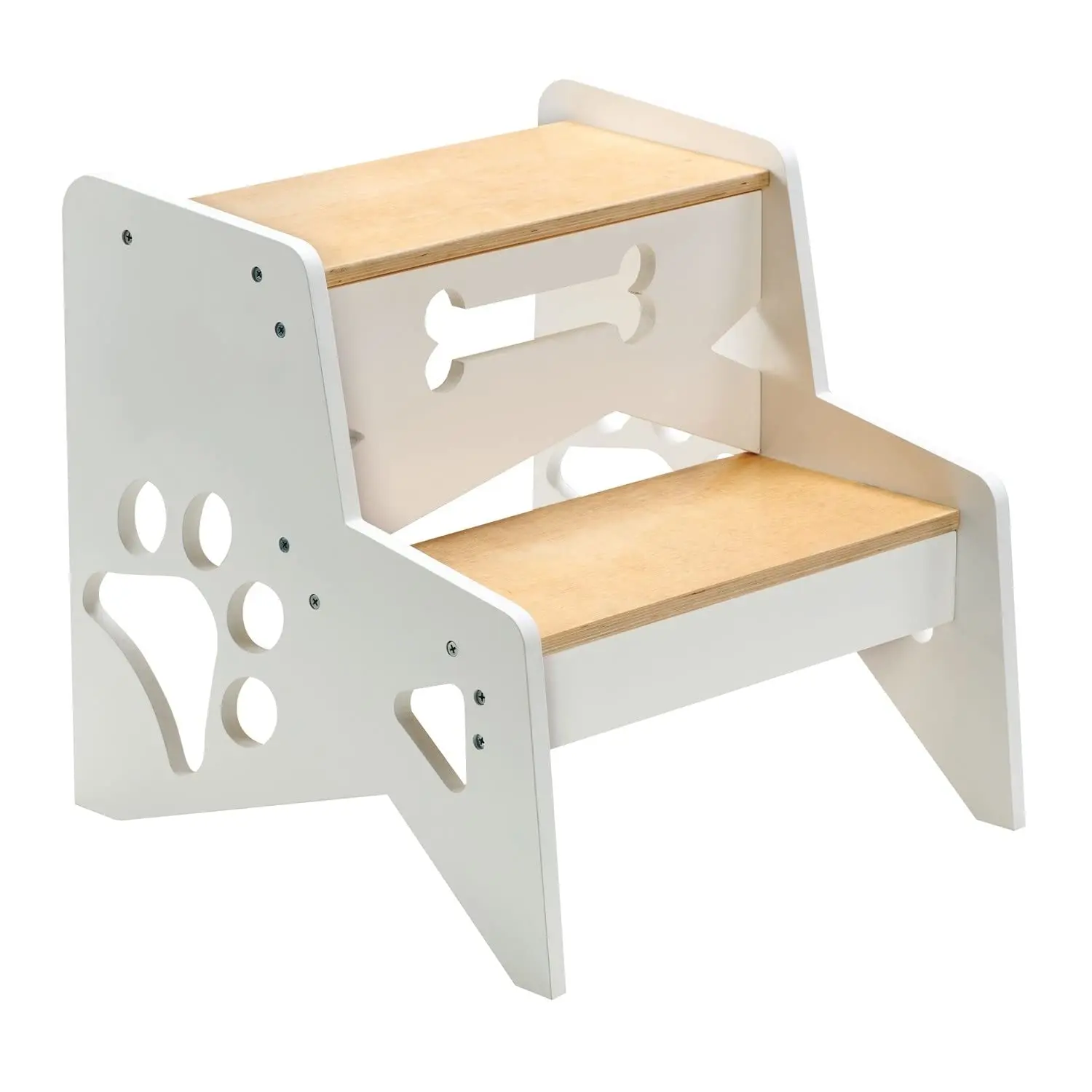 Small Dog Steps - Wooden 2 Step Ladder, Paw Design Pet Stairs Bed, Next to Bed Dog Stool