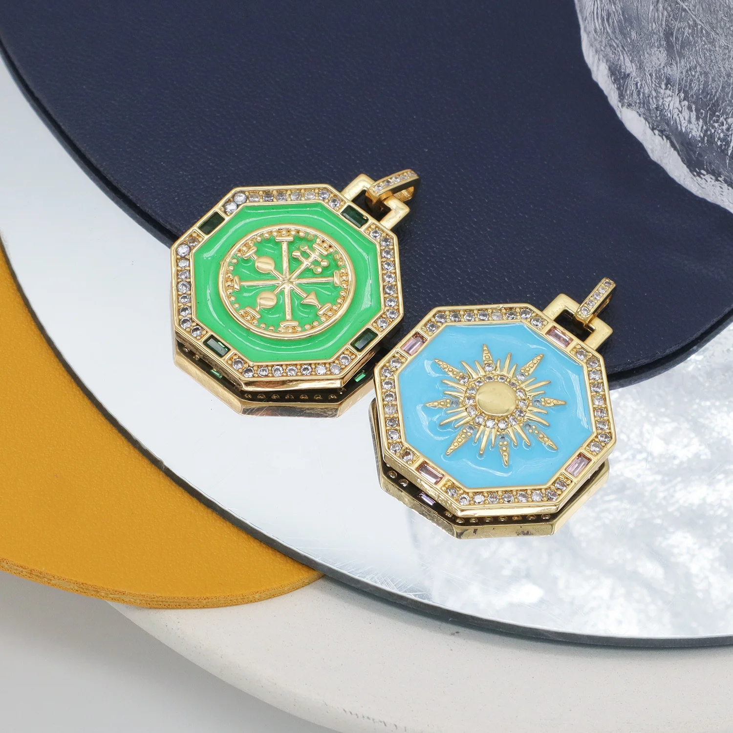 Wholesale Miss Jewelry Fashion Enamel Blue Green Octagonal Gold Sun charms Pendant Custom CZ Gold Plated Sun Pendants