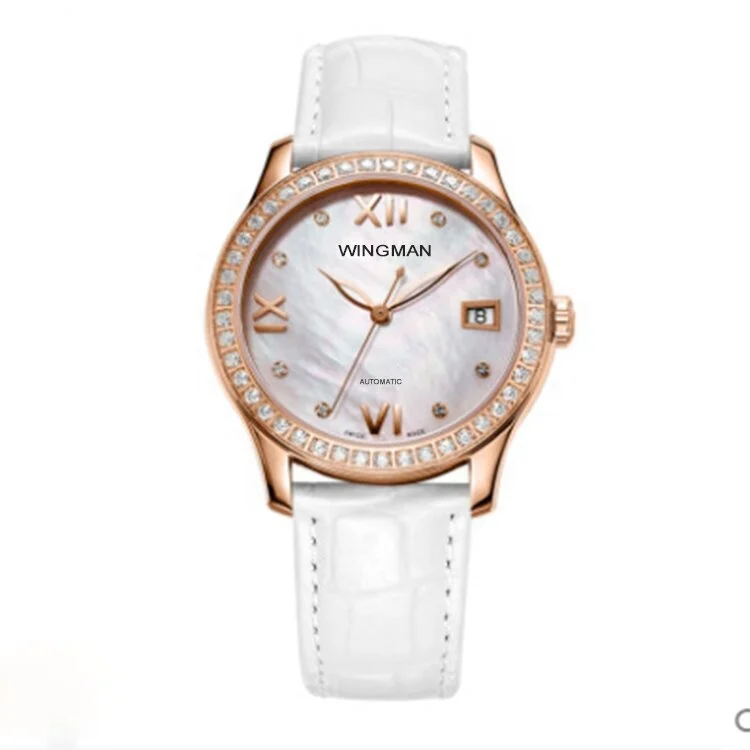 Custom Made Automatic Watch Movement Stainless Steel 316L Sapphire Glass 5 ATM Waterproof Genuine Leather Ladies Diamond Watches