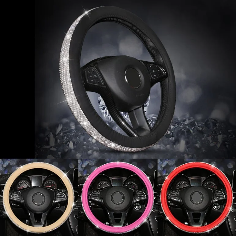 
38cm Universal Shining Diamond Rhinestones Crystal Car Steering Wheel Cover Interior Decorative PU Leather Steering Wheel Covers  (1600208975185)