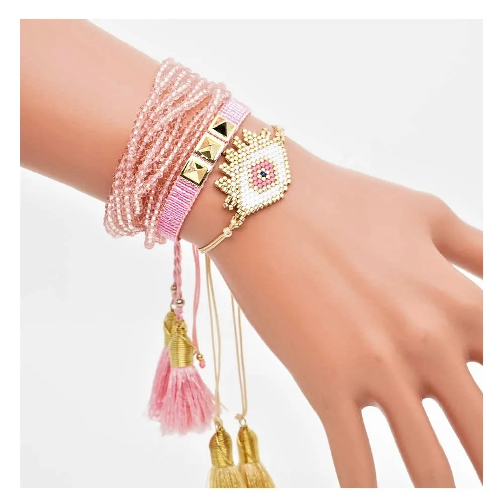 Wholesale Handmade Mexican Eye Charm Stacking Bohemian Fashion Tassel Friendship Pulseras Miyuki Beads Layered Fashion Bracelet