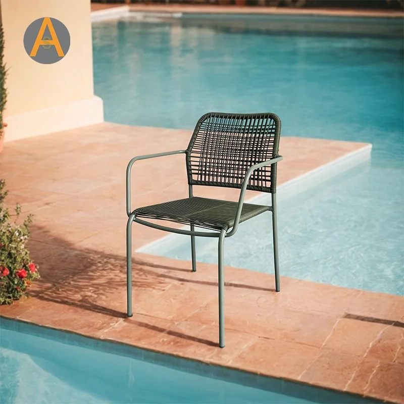 Mid century aluminum alloy hotel restaurant furniture rope chair outdoor dining chairs with arms