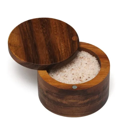 Custom Size round Acacia Wood Salt Box with Shaker Lid Wooden Spice Jar for Kitchen Storage including Pepper for Food Condiments