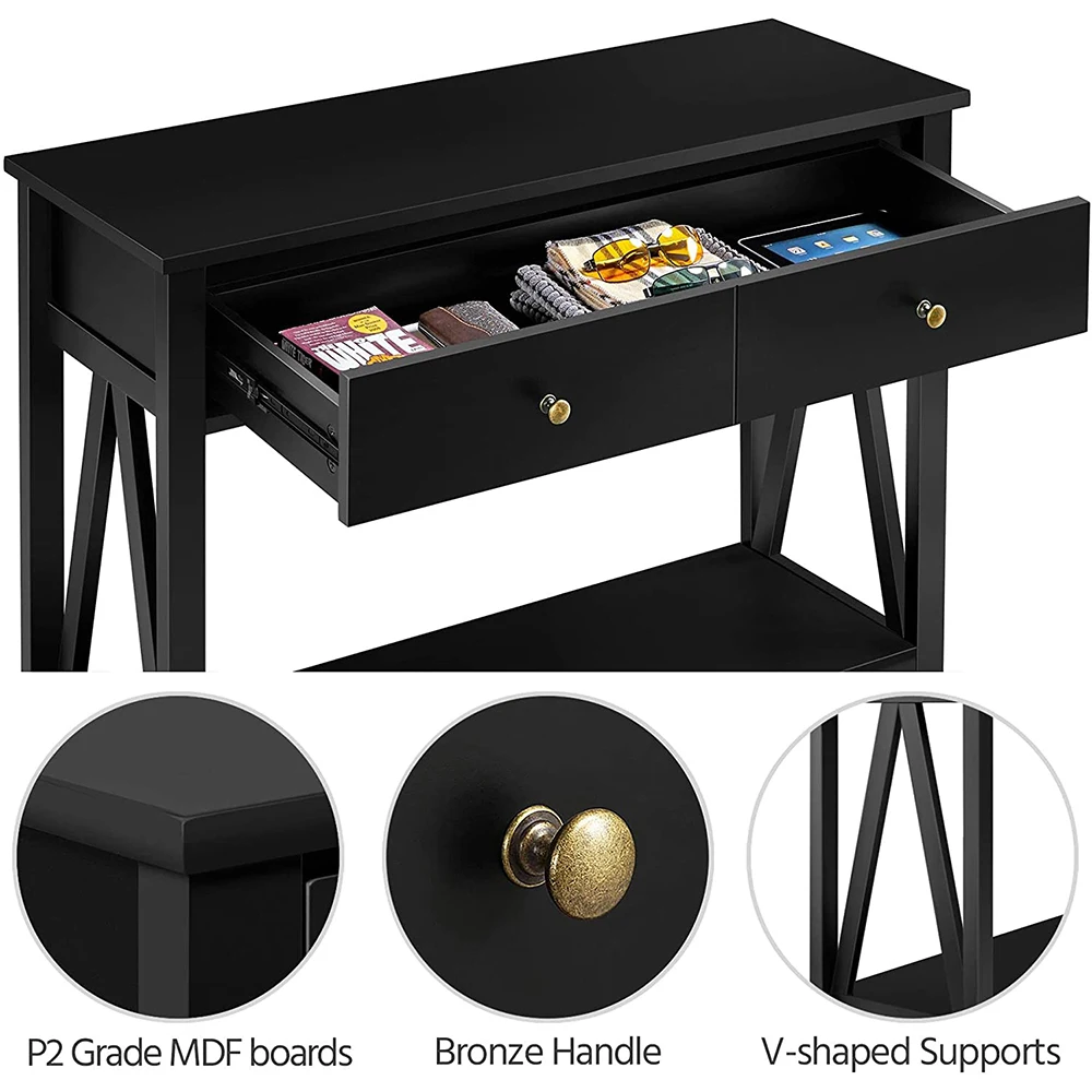 Narrow Long Sofa Table 2 Tier Console Table with Drawer and Open Storage Shelf for Living Room Entryway