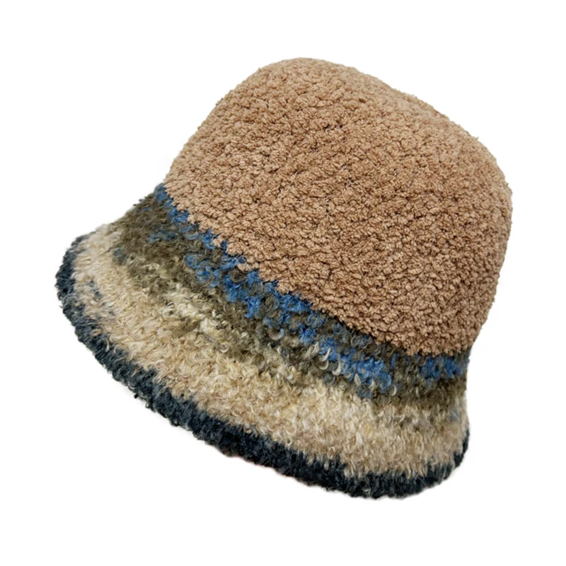 New Winter Warm Faux Fur Fluffy Bucket Hat Rainbow Stripe Wide Brim Packable Crochet Fuzzy Fisherman Hat for Women Teens Girls