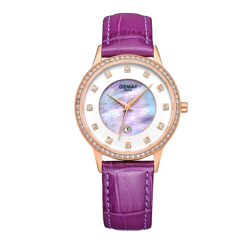 Charming Purpul fashion casual lady watch wholesale leather strap stainless steel quartz women wristwatch